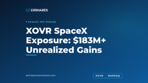 XOVR SpaceX exposure header showing $183M+ unrealized appreciation since Q1 2026